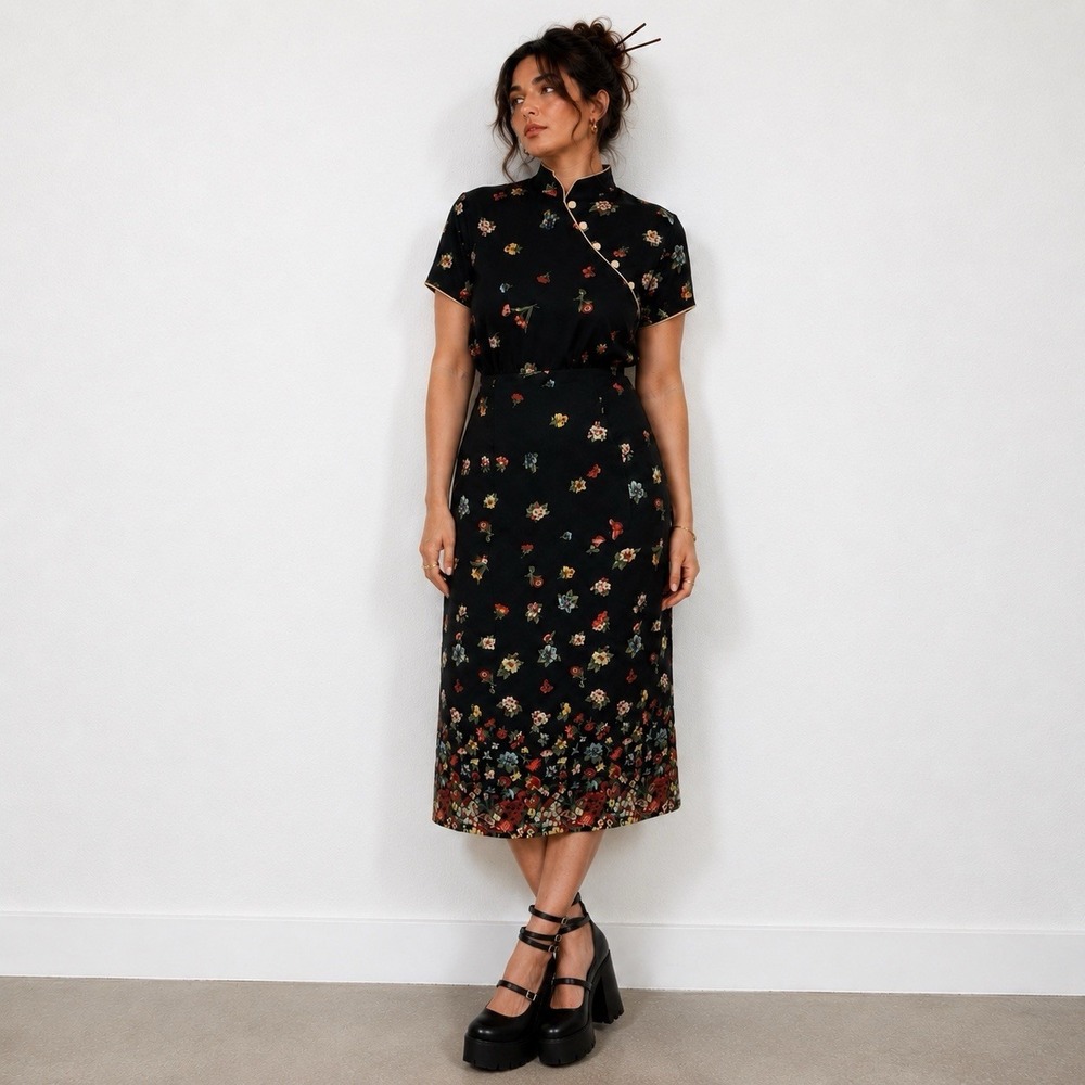 Vintage 90's Floral Mandarin Collar Midi Dress Grunge Soft Goth Minimalist Sz 14